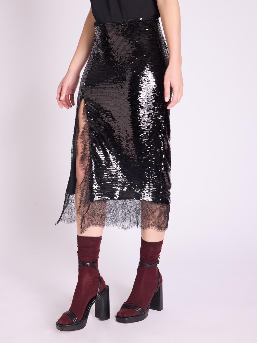 Berenice Jupe JANIK Jupe Longue à Sequins Noir Avec Fentes Sur Le Cotés à Dentelle