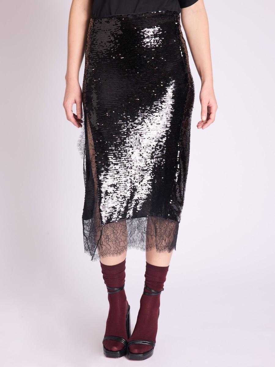 Berenice Jupe JANIK Jupe Longue à Sequins Noir Avec Fentes Sur Le Cotés à Dentelle
