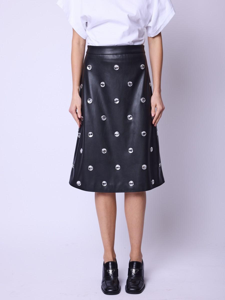 Berenice Jupe JONATA Jupe Mi-longue Noire En Simili Cuir Avec Boutons Fantaisie