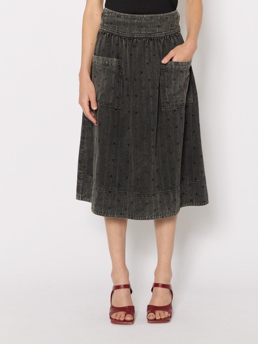 Berenice Jupe Midi JANET – Denim Gris Brodé Motif Ton Sur Ton Ceinture élastique Poches Plaquées