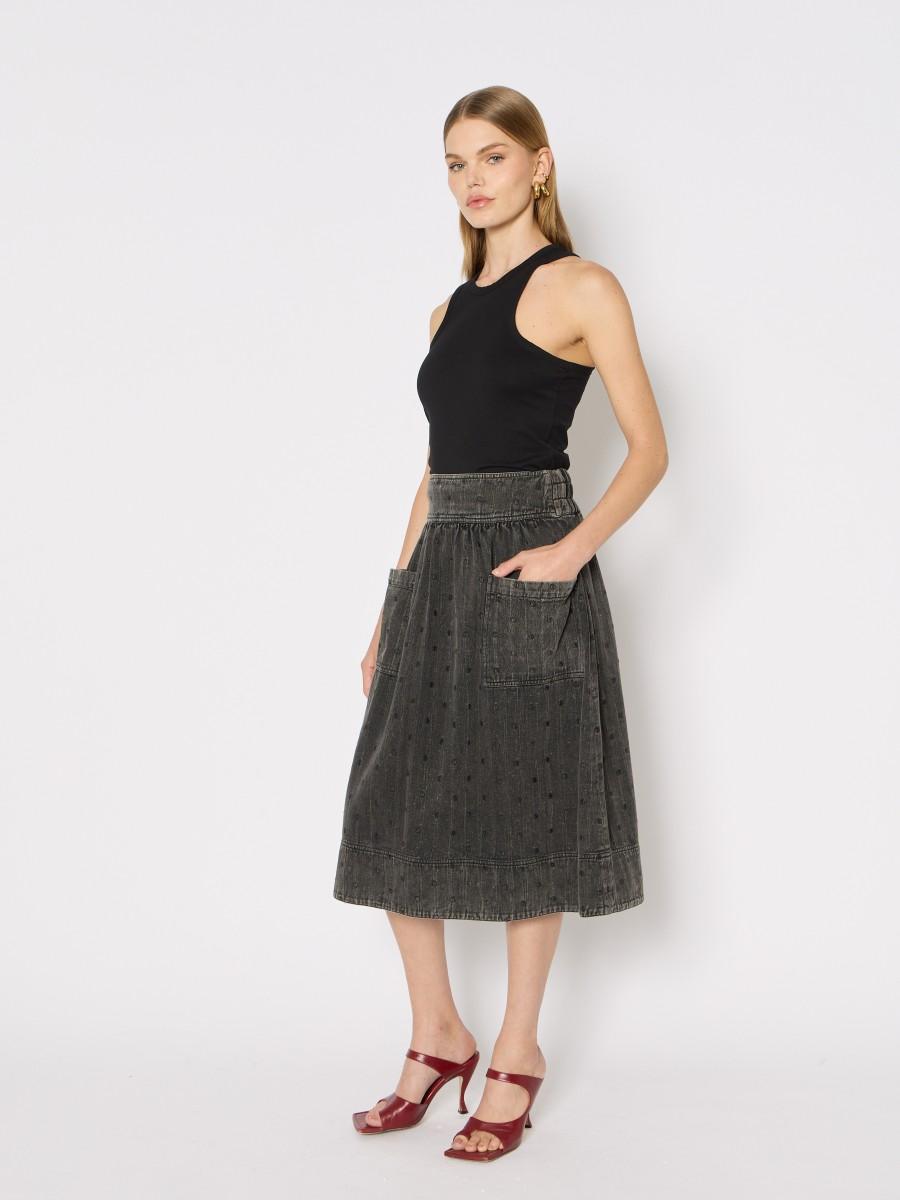 Berenice Jupe Midi JANET – Denim Gris Brodé Motif Ton Sur Ton Ceinture élastique Poches Plaquées
