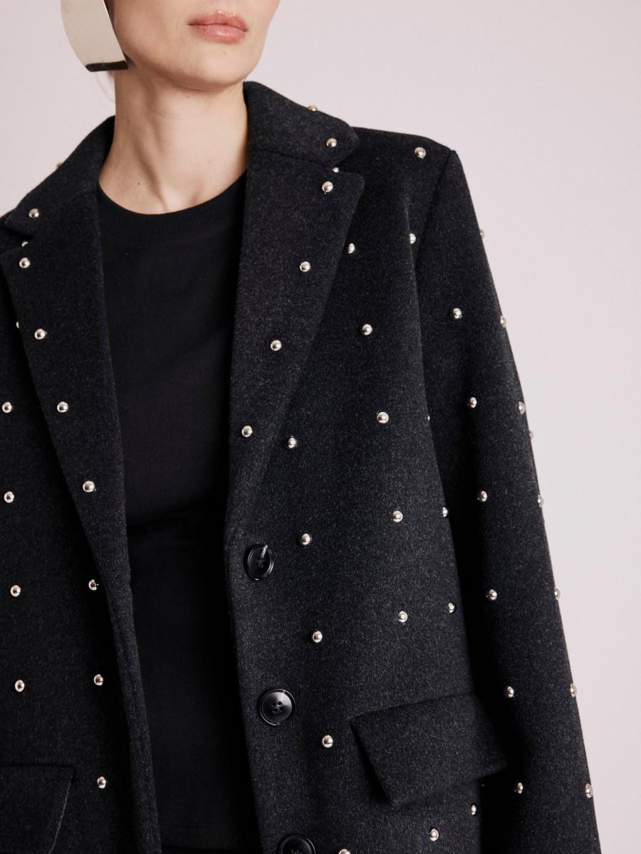 Berenice Manteau MABEL Manteau Noir Long Droit Avec Studs
