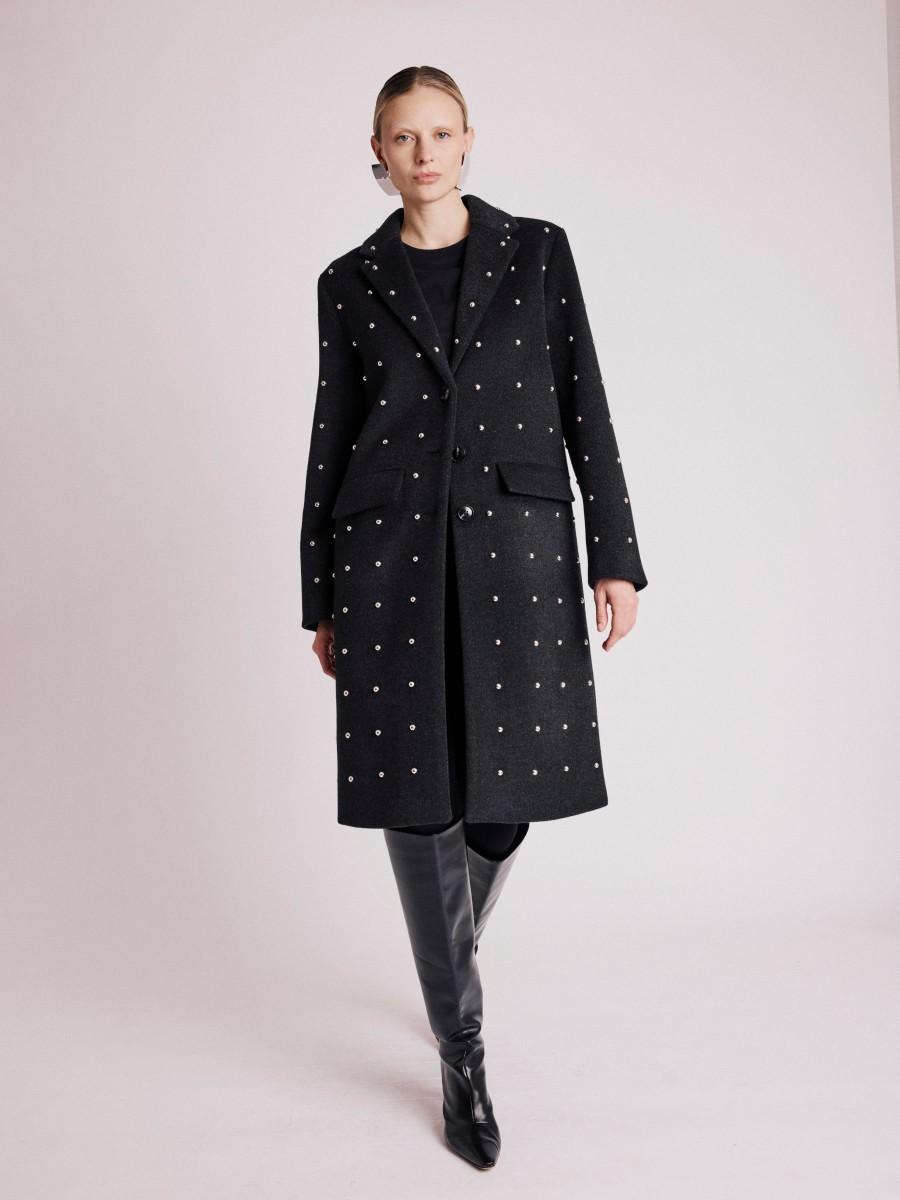 Berenice Manteau MABEL Manteau Noir Long Droit Avec Studs