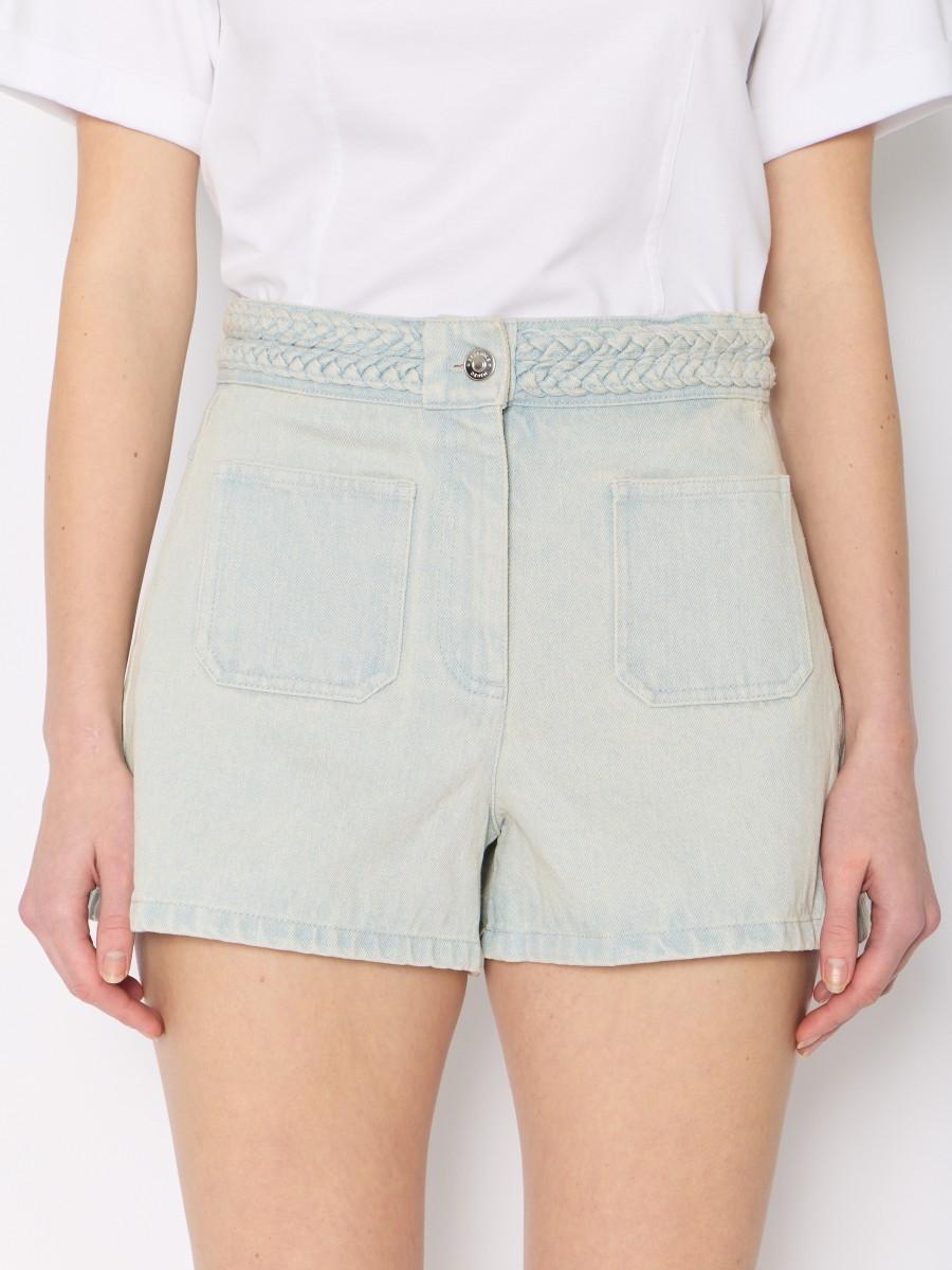 Berenice Mini-short PSASHA : Denim Bleu Clair Tresses à La Taille Et Poches Plaquées