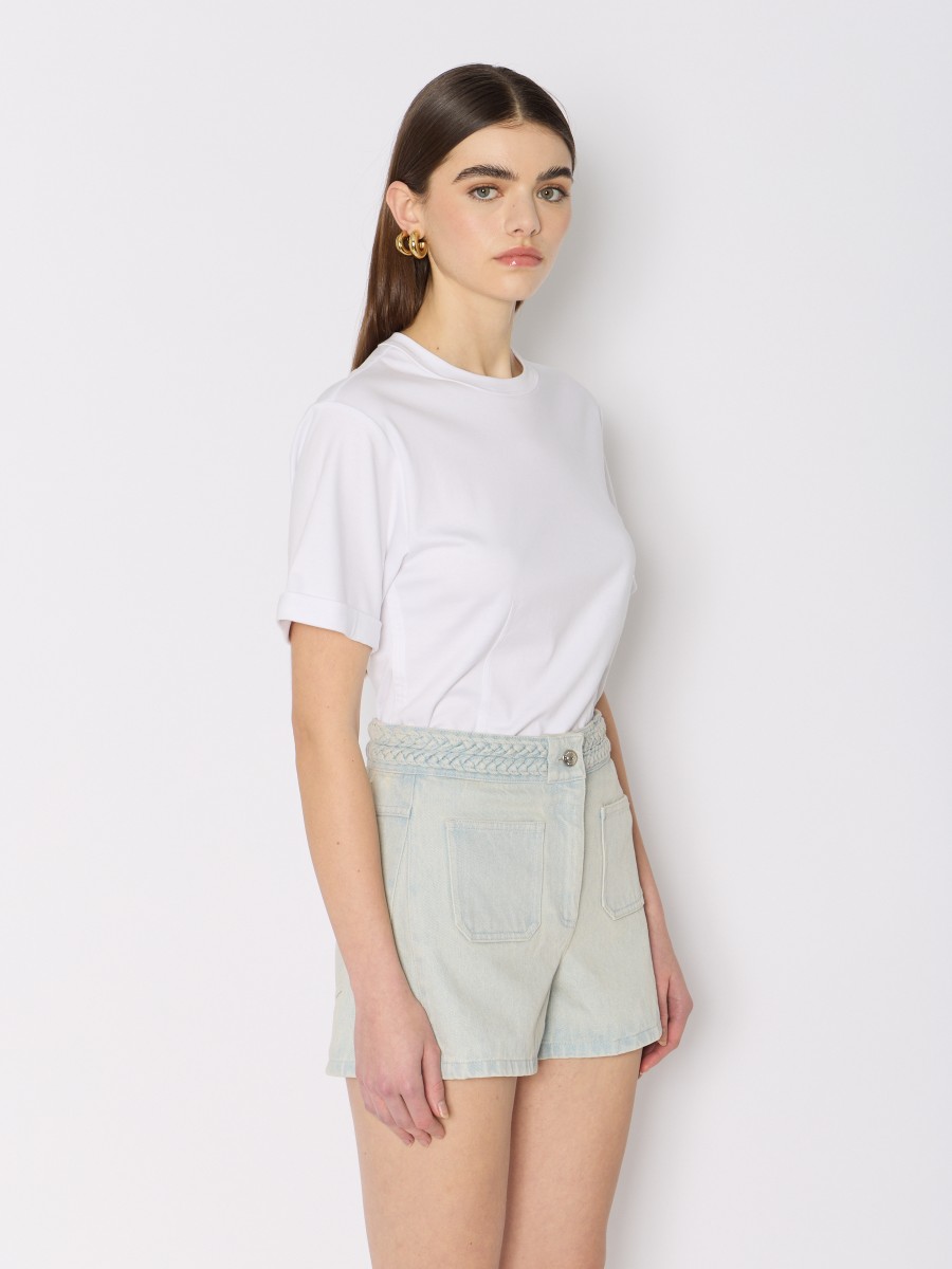 Berenice Mini-short PSASHA : Denim Bleu Clair Tresses à La Taille Et Poches Plaquées