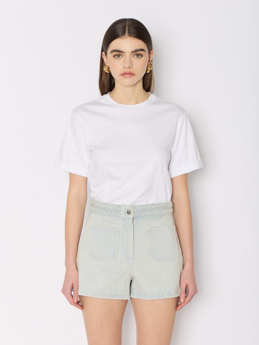 Berenice Mini-short PSASHA : Denim bleu clair tresses à la taille et poches plaquées