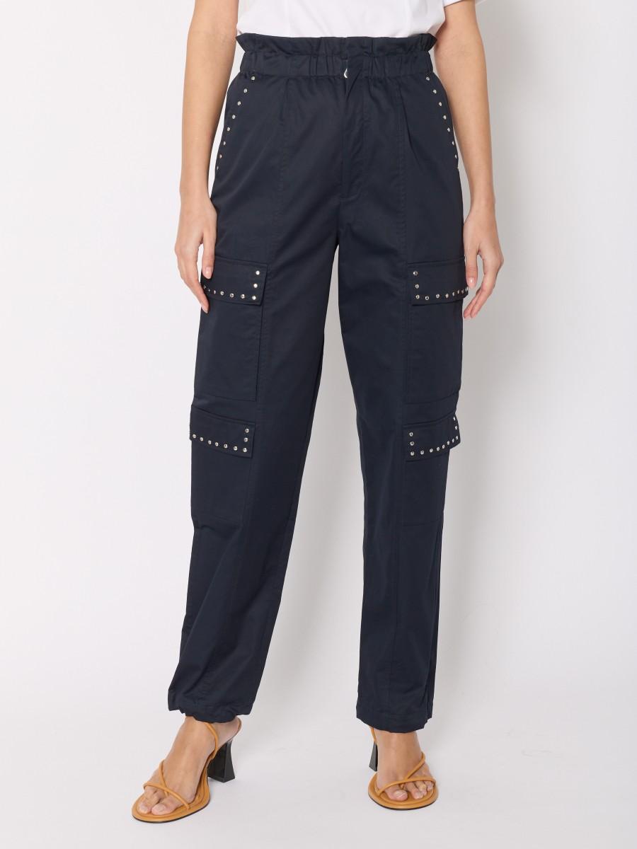 Berenice Pantalon Cargo Bleu Foncé PIPA Avec Poches Plaquées Et Studs Argentés