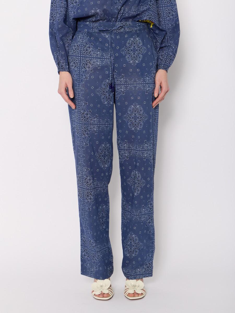 Berenice Pantalon PANDANA – Imprimé Bandana Bleu Coton Coupe Large Lien De Serrage