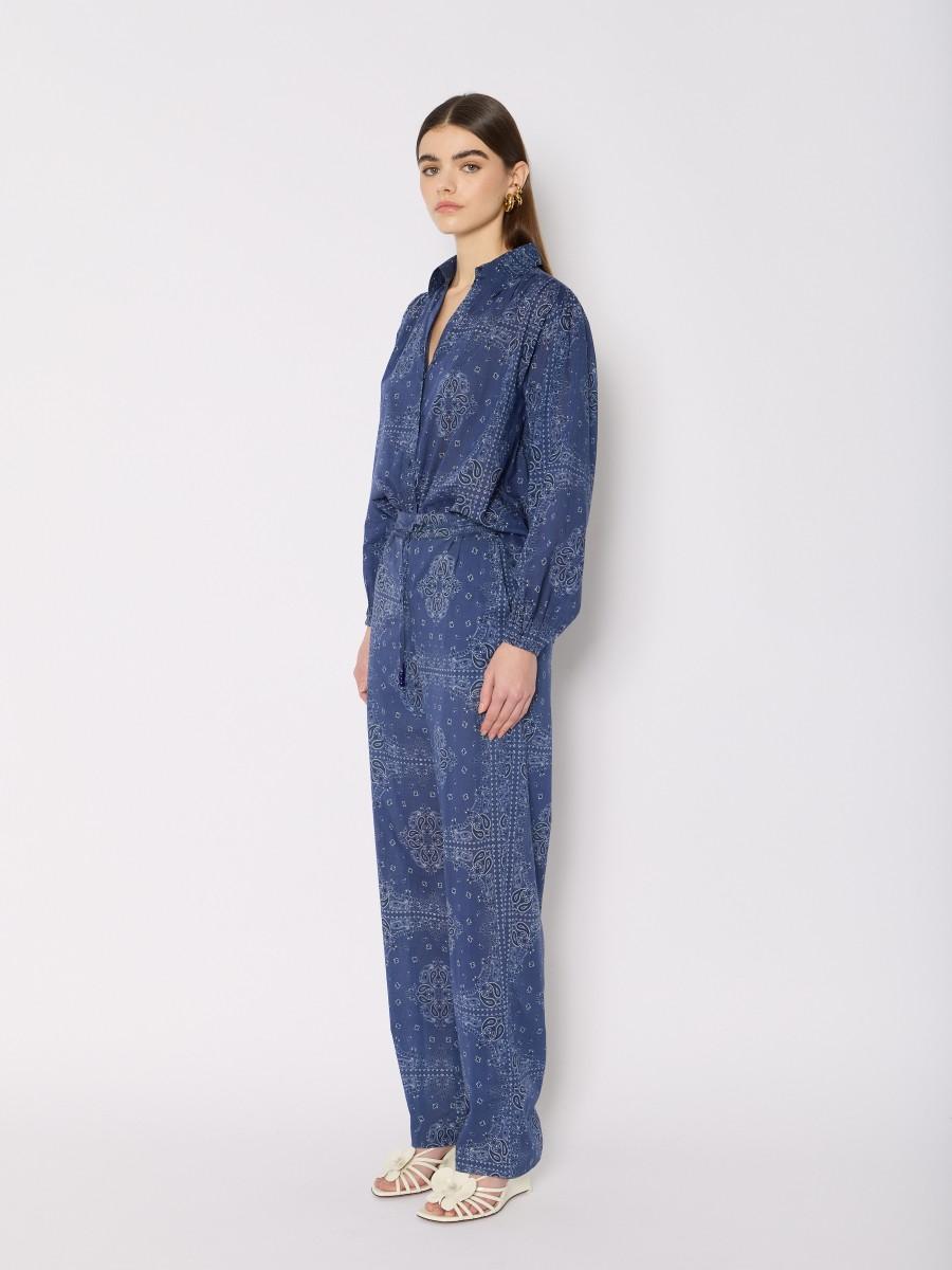 Berenice Pantalon PANDANA – Imprimé Bandana Bleu Coton Coupe Large Lien De Serrage