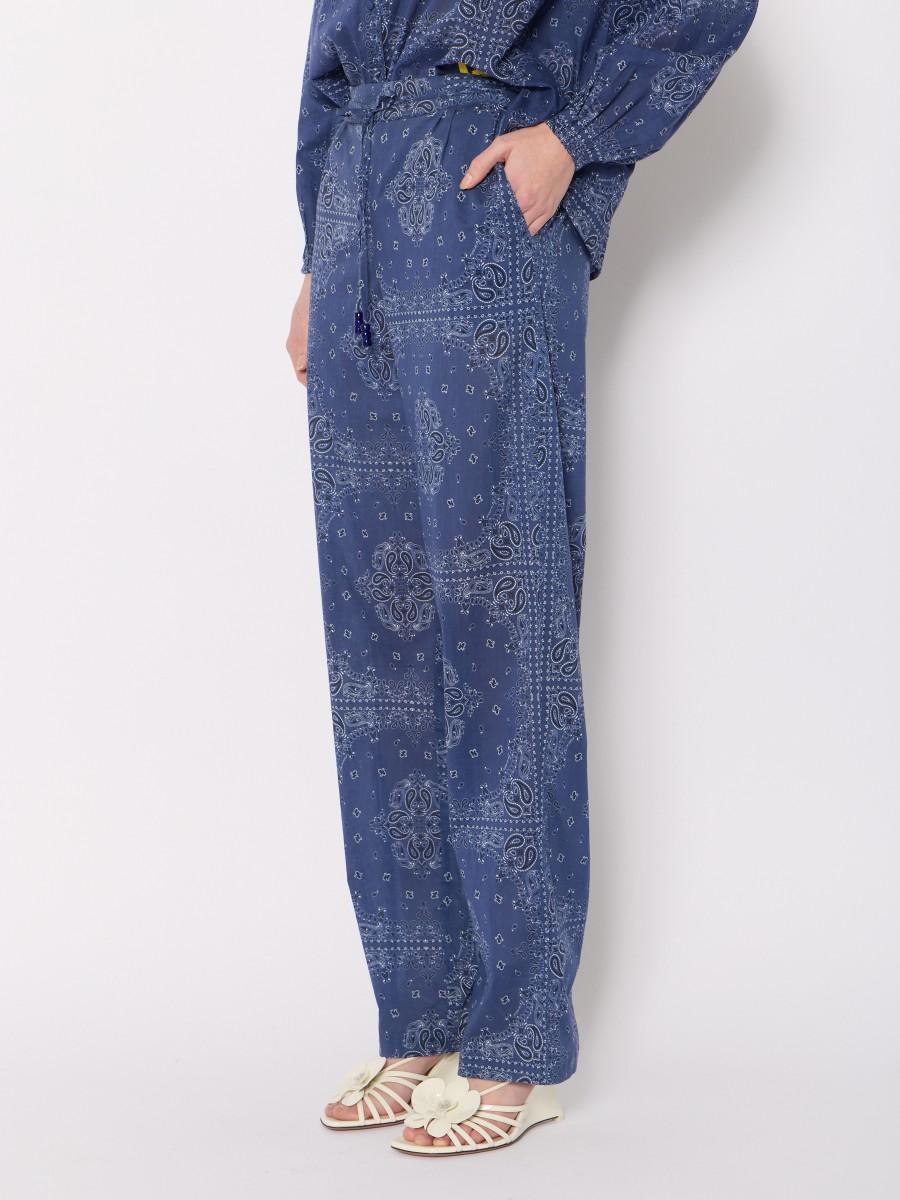 Berenice Pantalon PANDANA – Imprimé Bandana Bleu Coton Coupe Large Lien De Serrage
