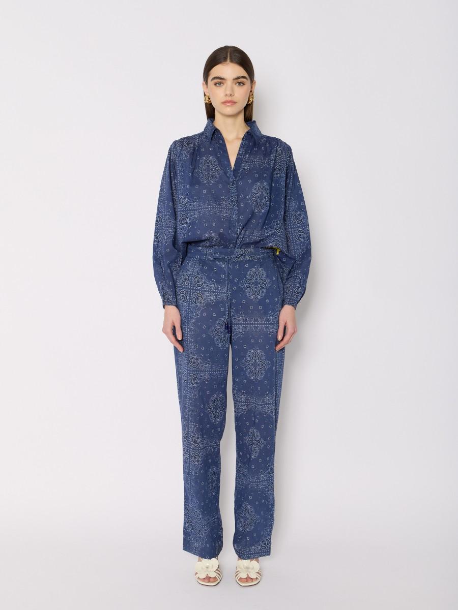 Berenice Pantalon PANDANA – Imprimé bandana bleu coton coupe large lien de serrage