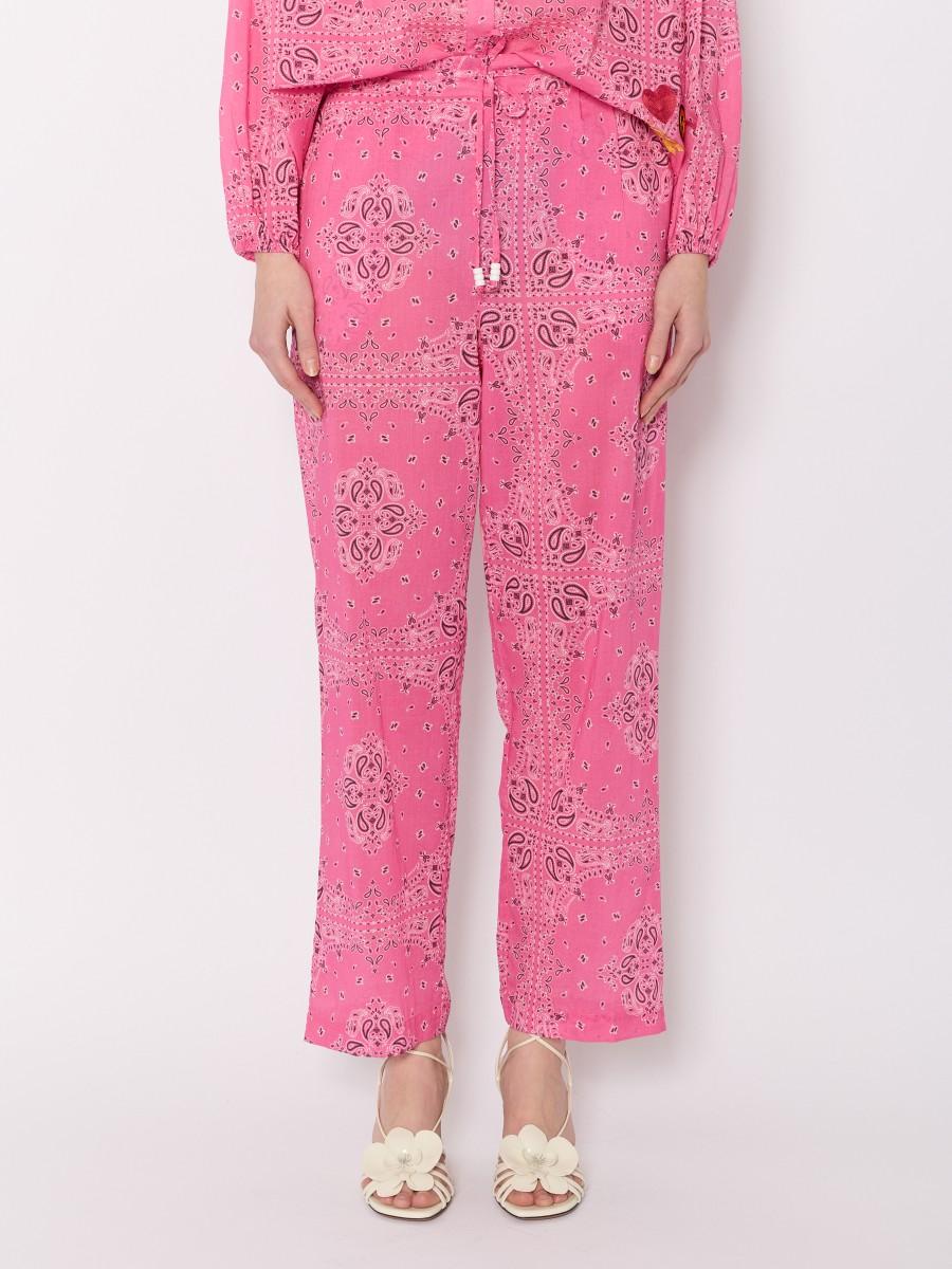 Berenice Pantalon PANDANA – Imprimé Bandana Rose Coton Coupe Large Lien De Serrage