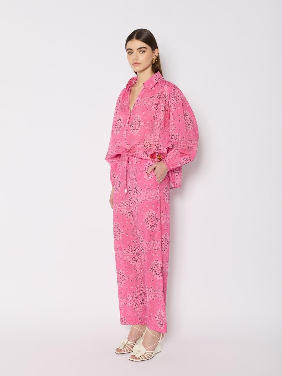 Berenice Pantalon PANDANA – Imprimé Bandana Rose Coton Coupe Large Lien De Serrage