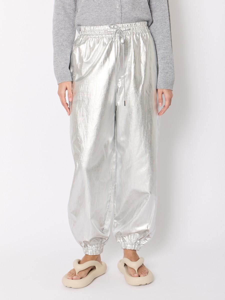 Berenice Pantalon PANSY – Argenté Coupe Ballon Taille Haute Ajustable Coton Et Lin