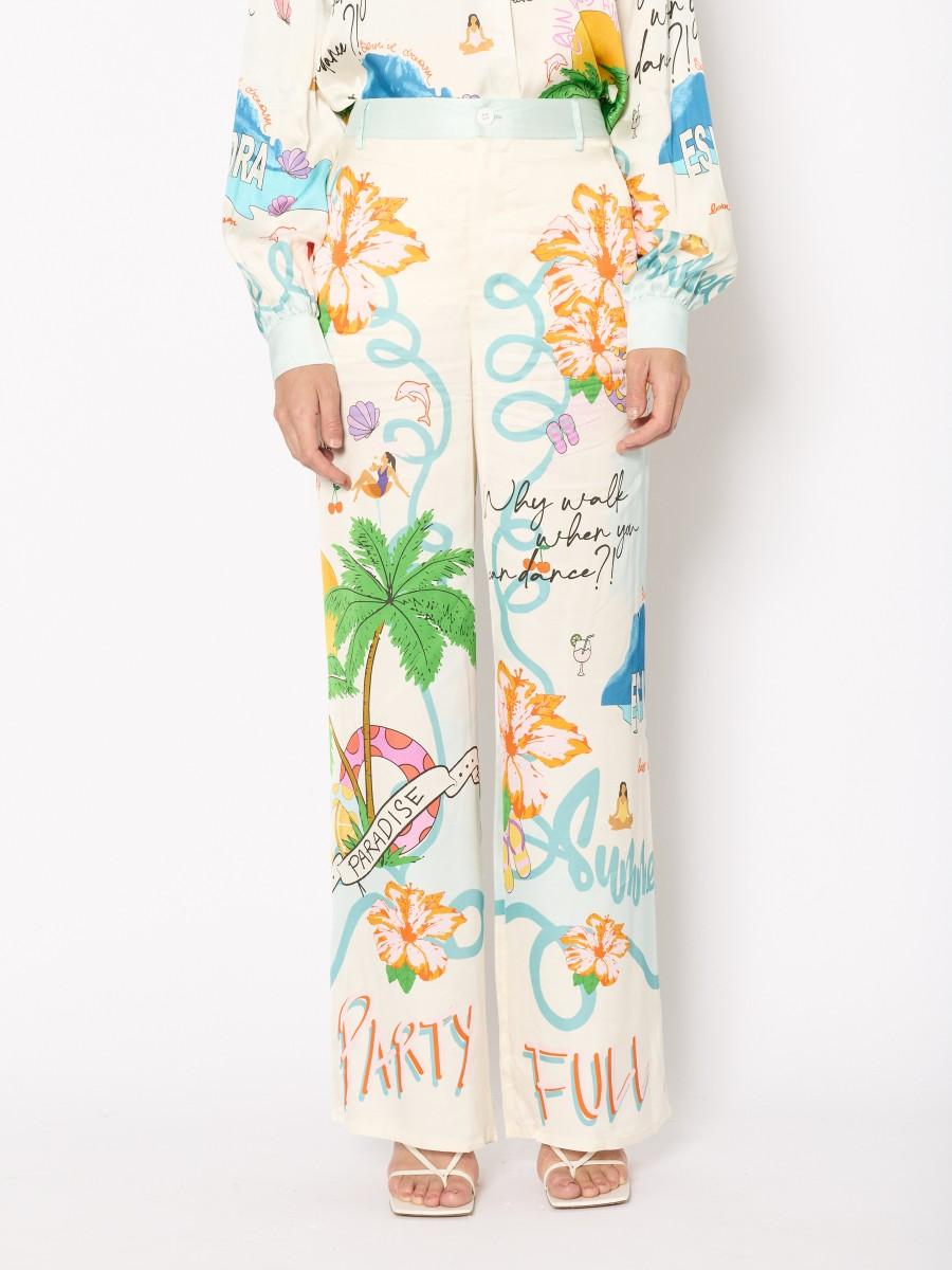 Berenice Pantalon PIERREFULLMOON Ample Imprimé Tropical Taille Haute Et Viscose Fluide
