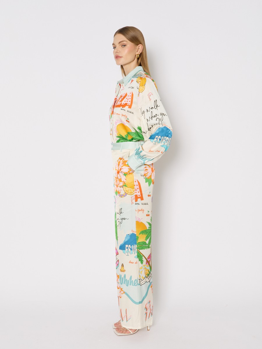 Berenice Pantalon PIERREFULLMOON Ample Imprimé Tropical Taille Haute Et Viscose Fluide