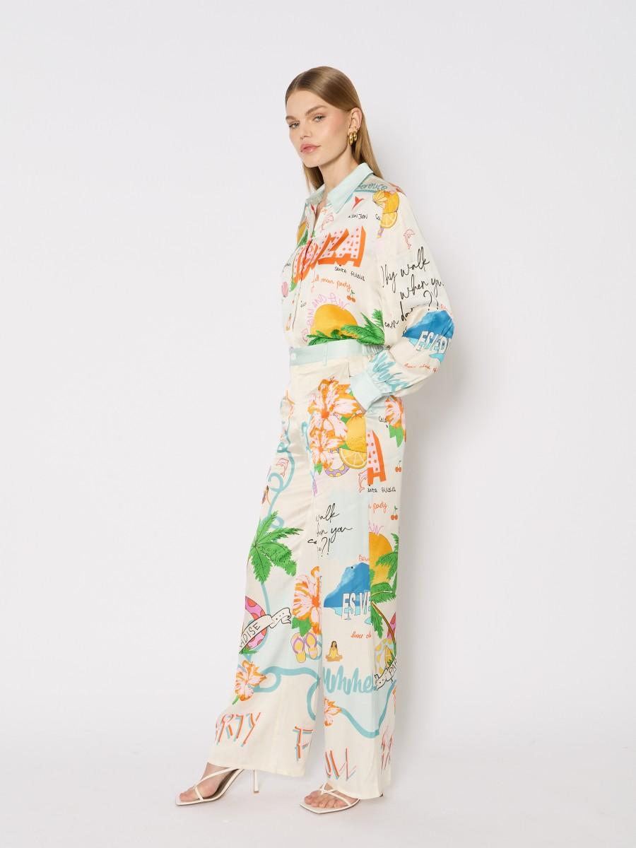 Berenice Pantalon PIERREFULLMOON Ample Imprimé Tropical Taille Haute Et Viscose Fluide