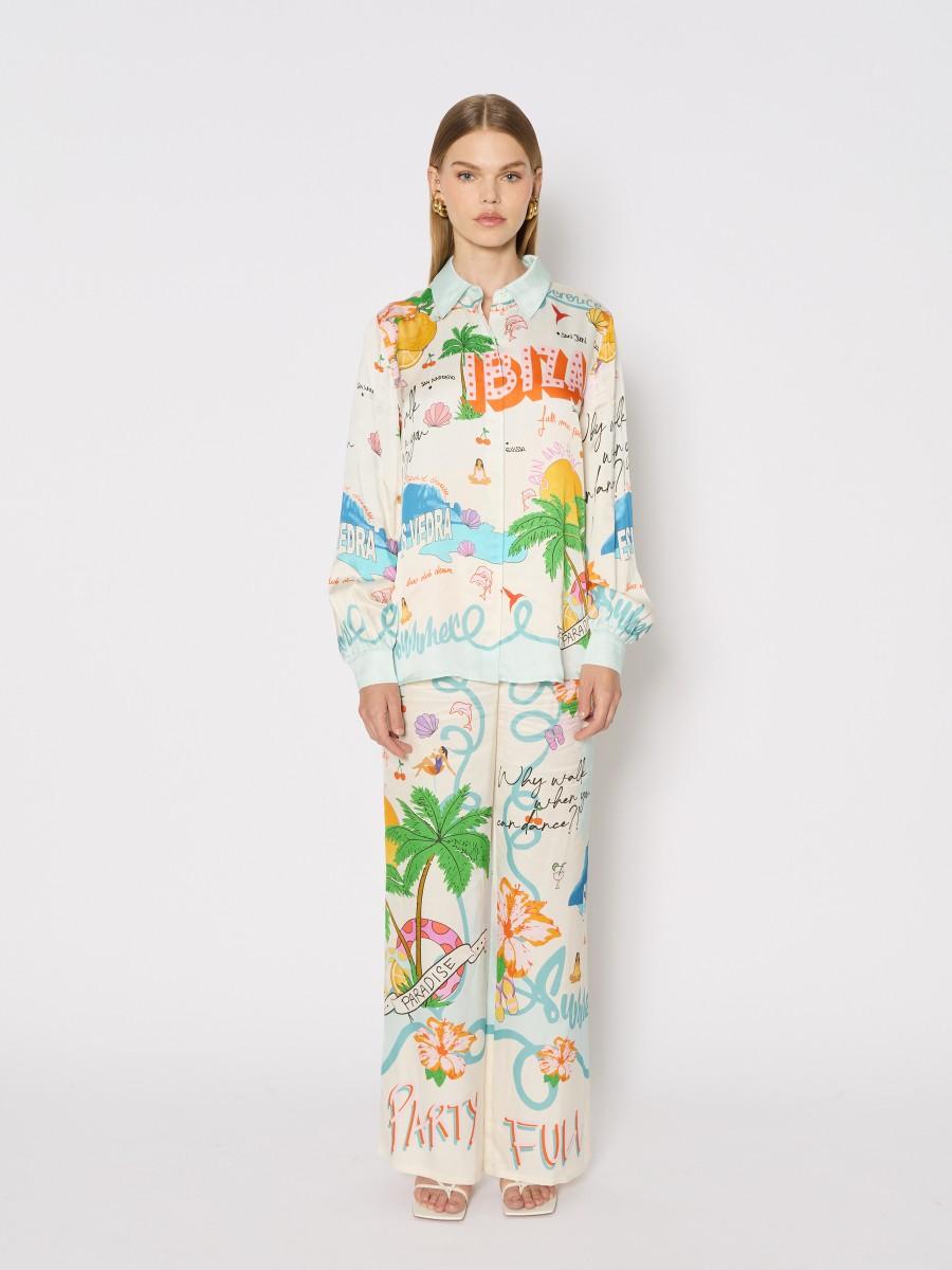 Berenice Pantalon PIERREFULLMOON ample imprimé tropical taille haute et viscose fluide