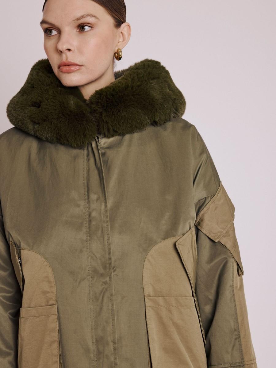 Berenice Parka MARILOU Parka Courte Khaki Avec Capuche En Fausse Fourrure