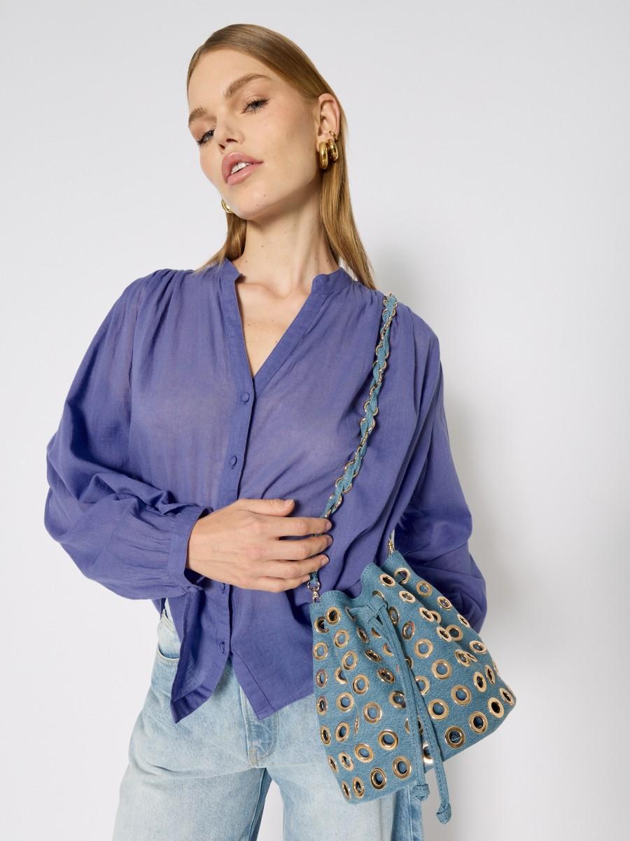 Berenice Petit Sac Seau AOHBOWLSTUDS En Denim Bleu Avec œillets Dorés Et Anse