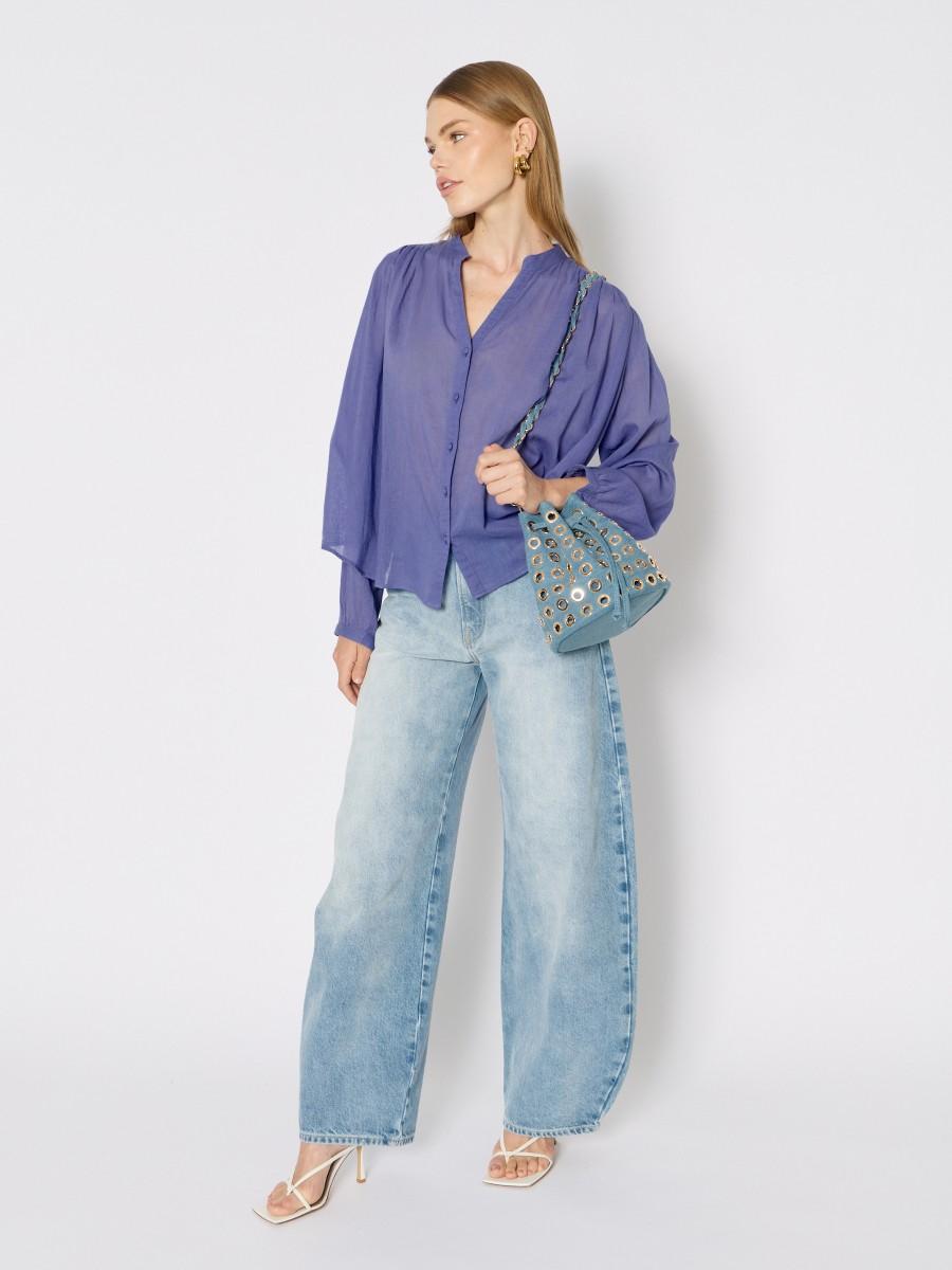 Berenice Petit Sac Seau AOHBOWLSTUDS En Denim Bleu Avec œillets Dorés Et Anse