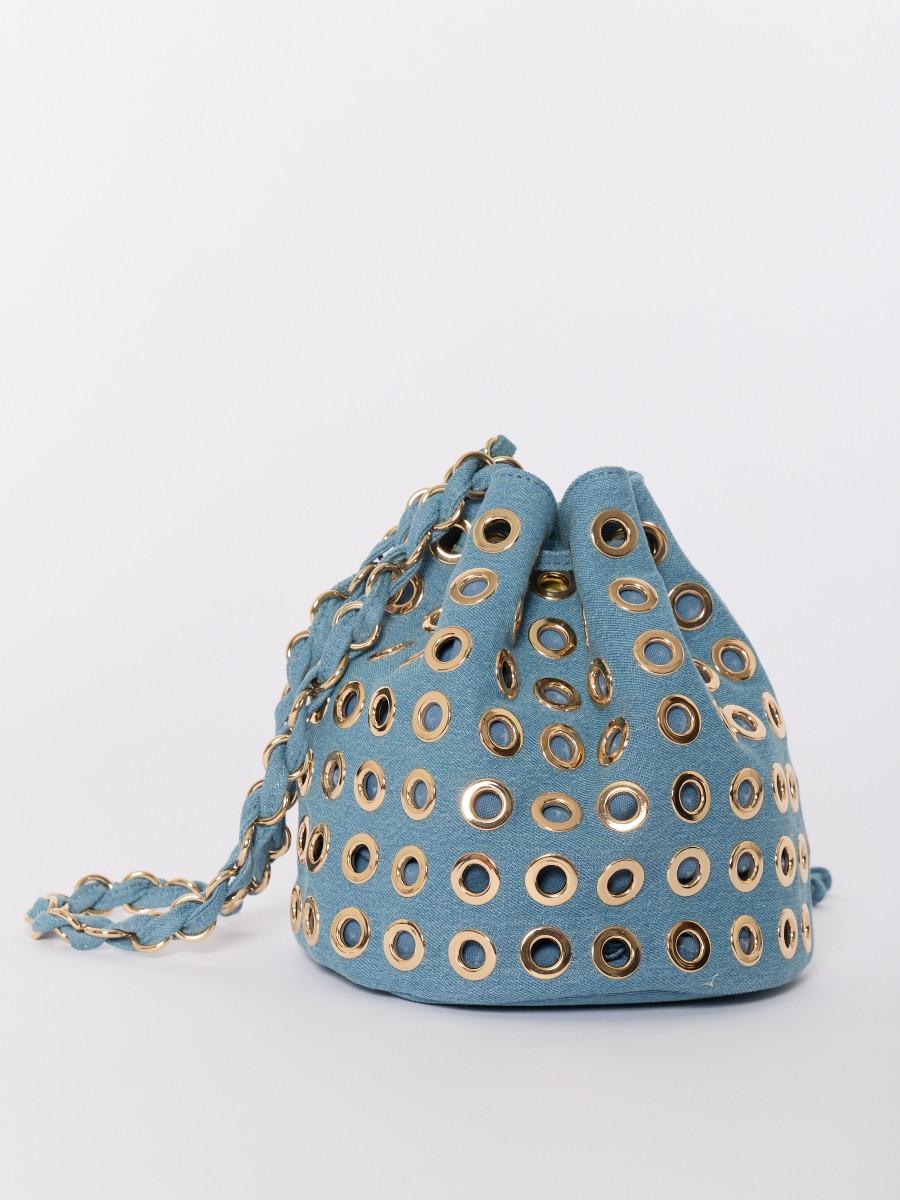 Berenice Petit sac seau AOHBOWLSTUDS en denim bleu avec œillets dorés et anse