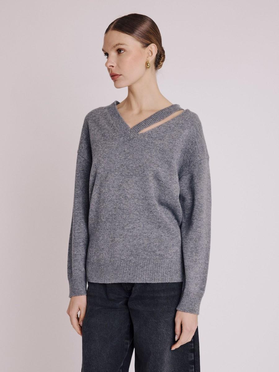 Berenice Pull ADELLE Pull Gris Col V Avec Encolure Découpée