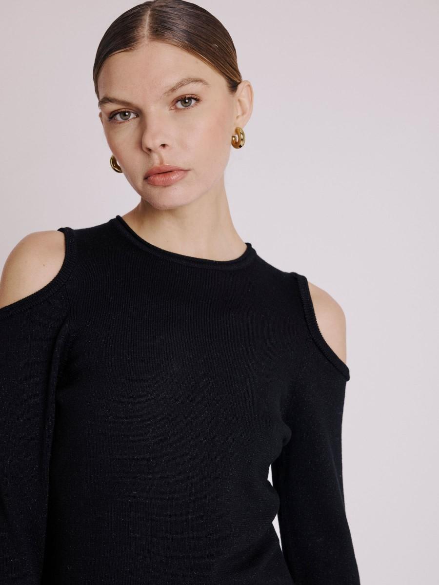 Berenice Pull ANASTASIA Pull Noir En Laine épaules Dénudées