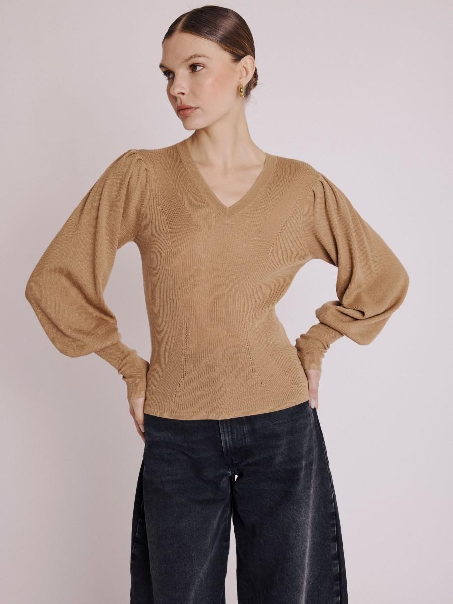 Berenice Pull ARIANA Pull Col V Avec Manches Bouffantes Beige