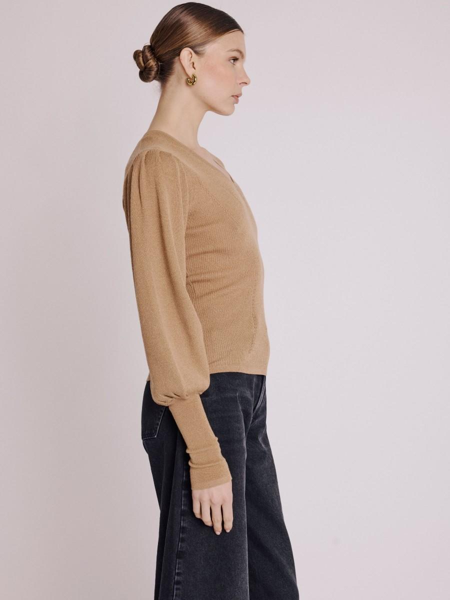 Berenice Pull ARIANA Pull Col V Avec Manches Bouffantes Beige