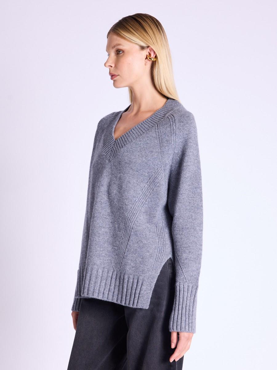 Berenice Pull ARRY Pull Gris Manches Longues Col V Avec Fentes Sur Les Côtés
