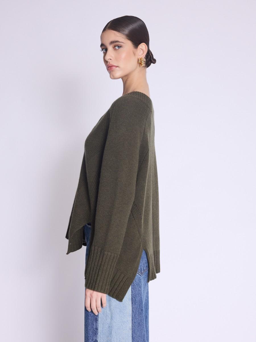 Berenice Pull ARRY Pull Khaki Manches Longues Col V Avec Fentes Sur Les Côtés