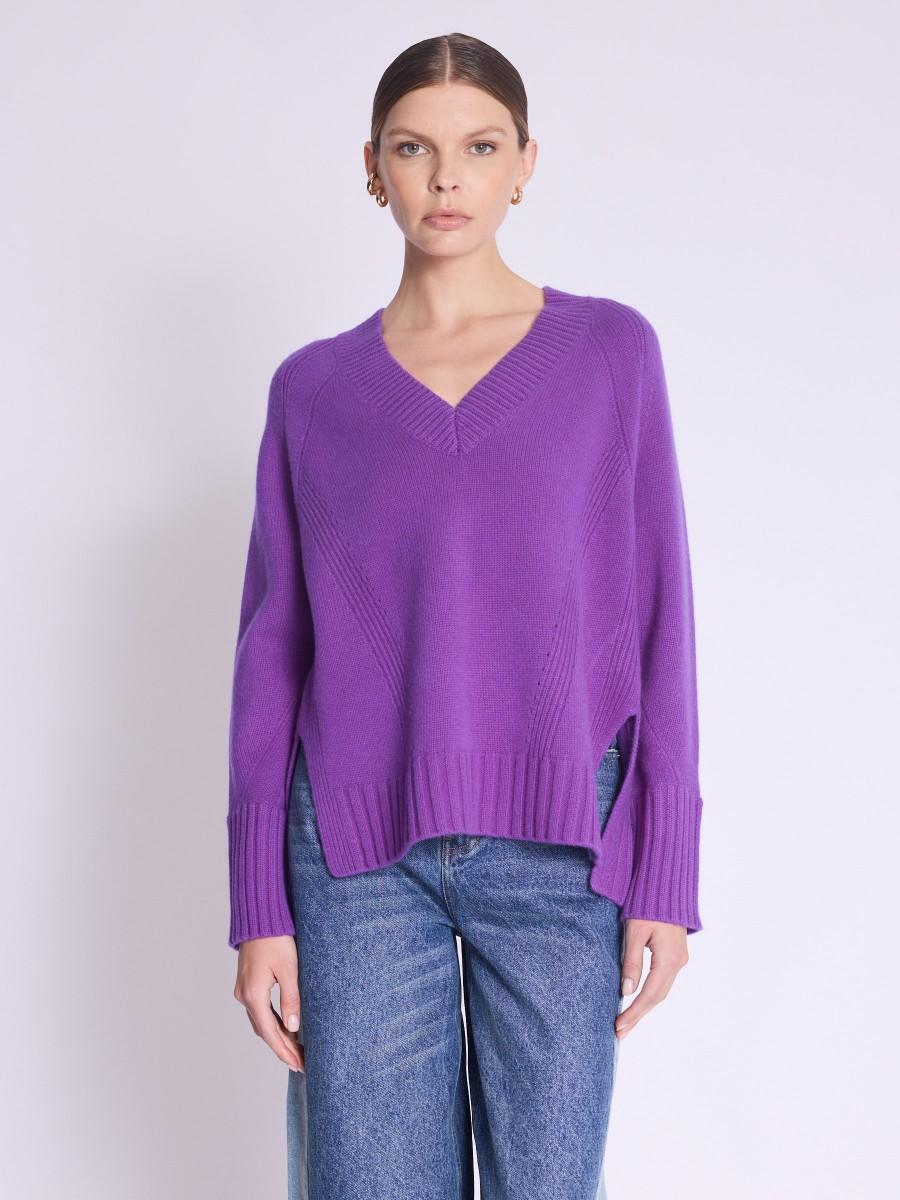 Berenice Pull ARRY Pull violet manches longues col V avec fentes sur les côtés