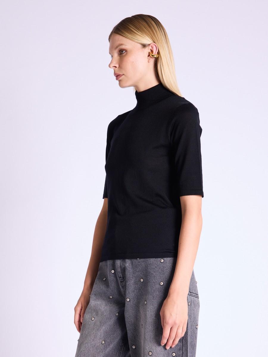 Berenice Pull AUDREY |Pull Noir à Manches Courtes Et Col Montant