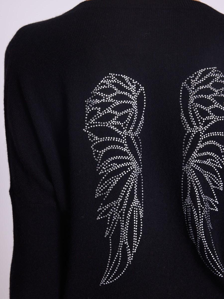 Berenice Pull AUROLA Pull Noir Col V Avec Ailes Dans Le Dos