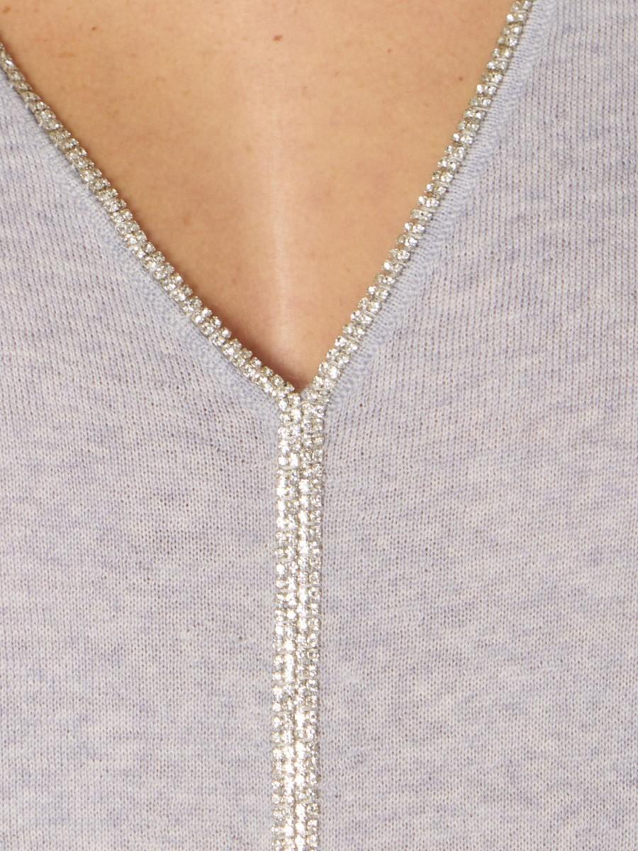 Berenice Pull Gris MAGNES – Col V Laine Mérinos Détail De Bande De Strass Argentés