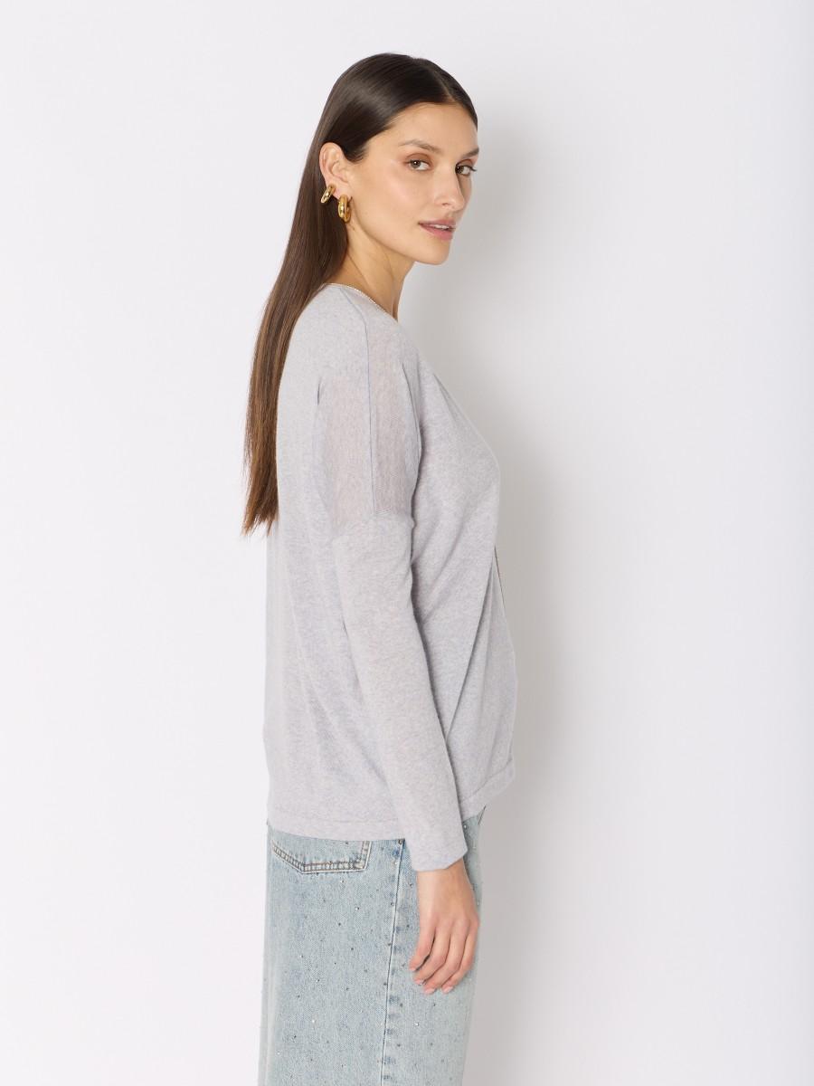 Berenice Pull Gris MAGNES – Col V Laine Mérinos Détail De Bande De Strass Argentés