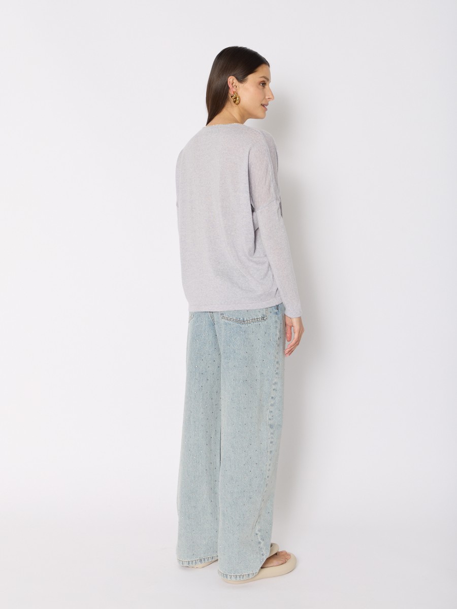 Berenice Pull Gris MAGNES – Col V Laine Mérinos Détail De Bande De Strass Argentés