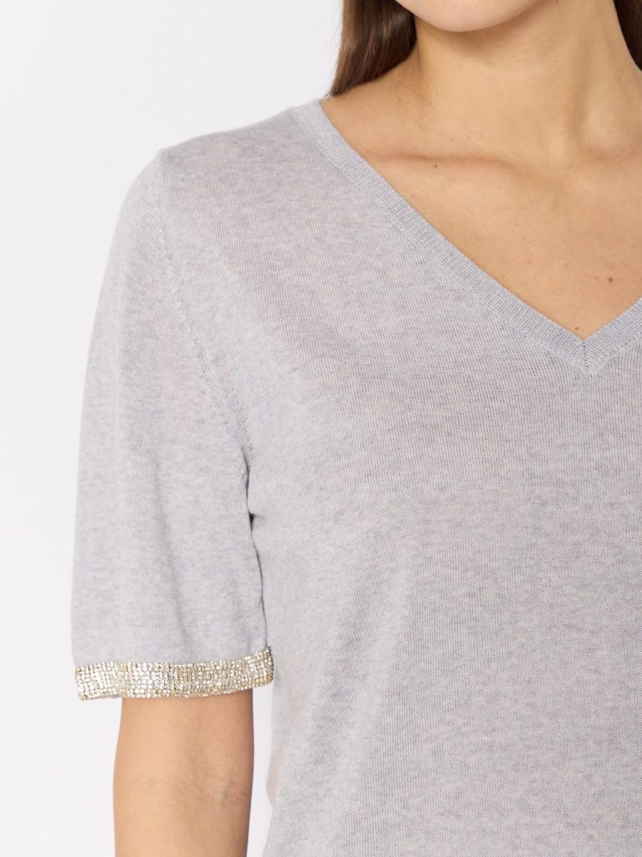 Berenice Pull Gris MARLENE – Col V Laine Mérinos Manches Courtes Strass Argenté Sur Les Manches