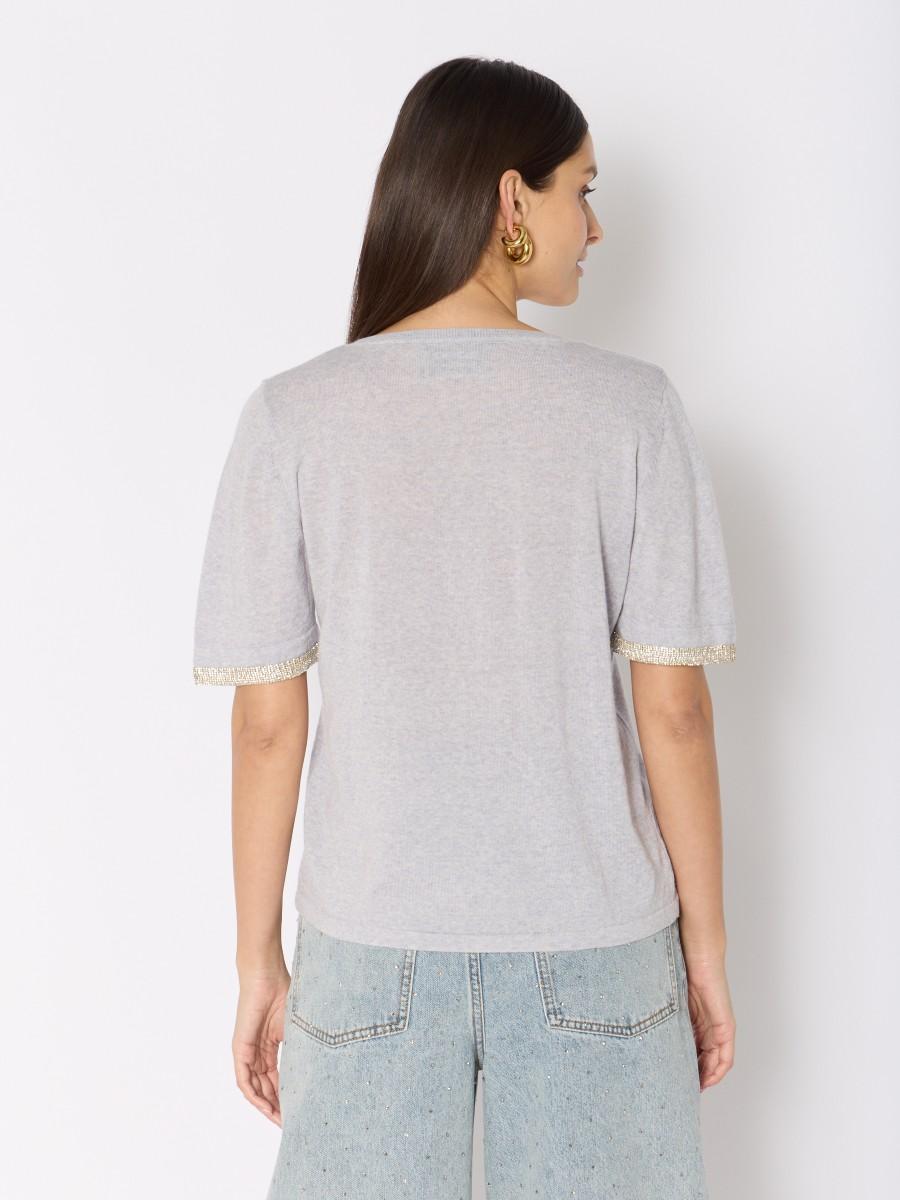 Berenice Pull Gris MARLENE – Col V Laine Mérinos Manches Courtes Strass Argenté Sur Les Manches