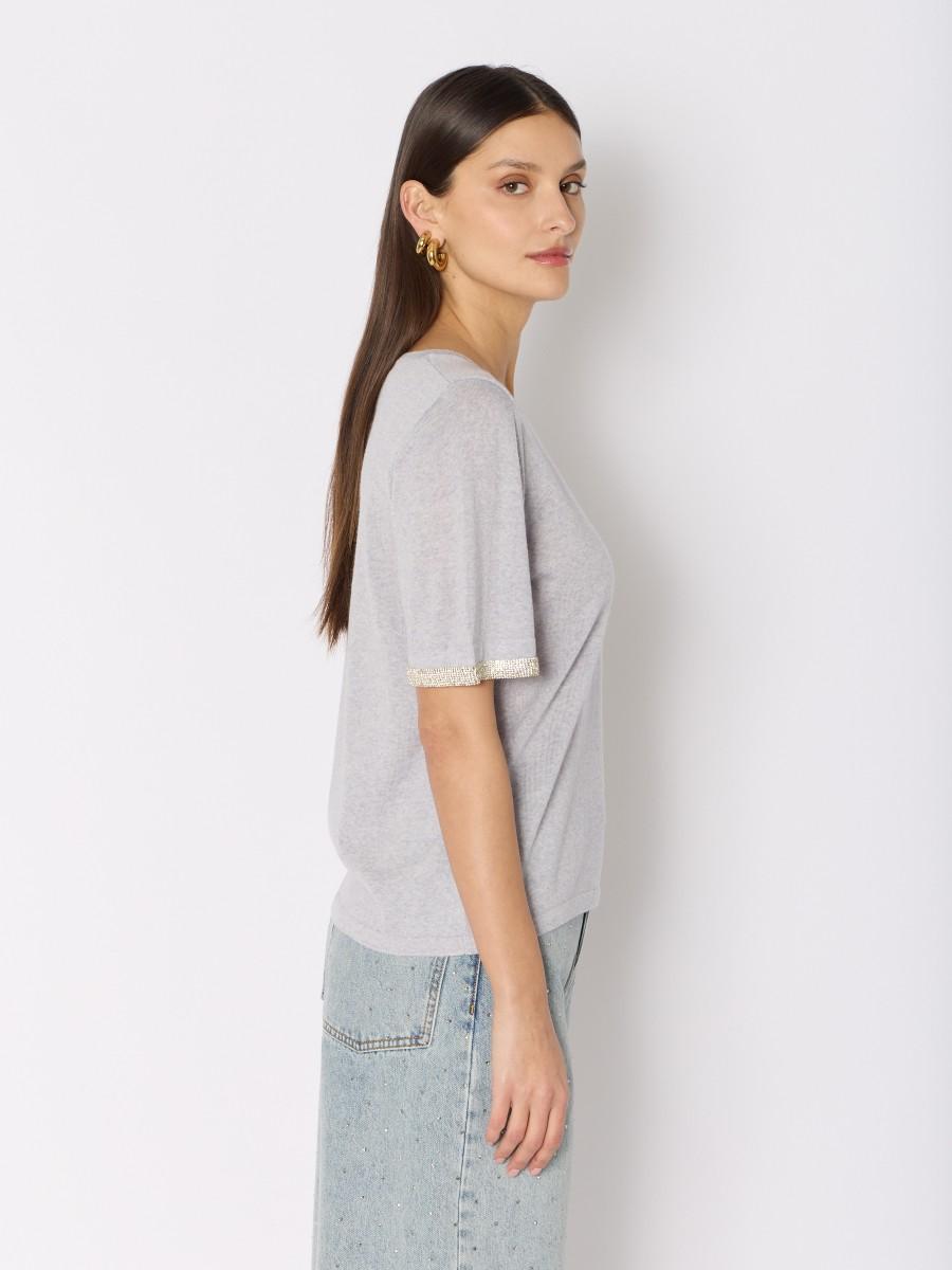 Berenice Pull Gris MARLENE – Col V Laine Mérinos Manches Courtes Strass Argenté Sur Les Manches