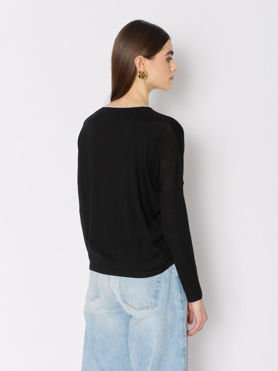 Berenice Pull Noir MAGNES – Col V Laine Mérinos Détail De Bande De Strass Argentés
