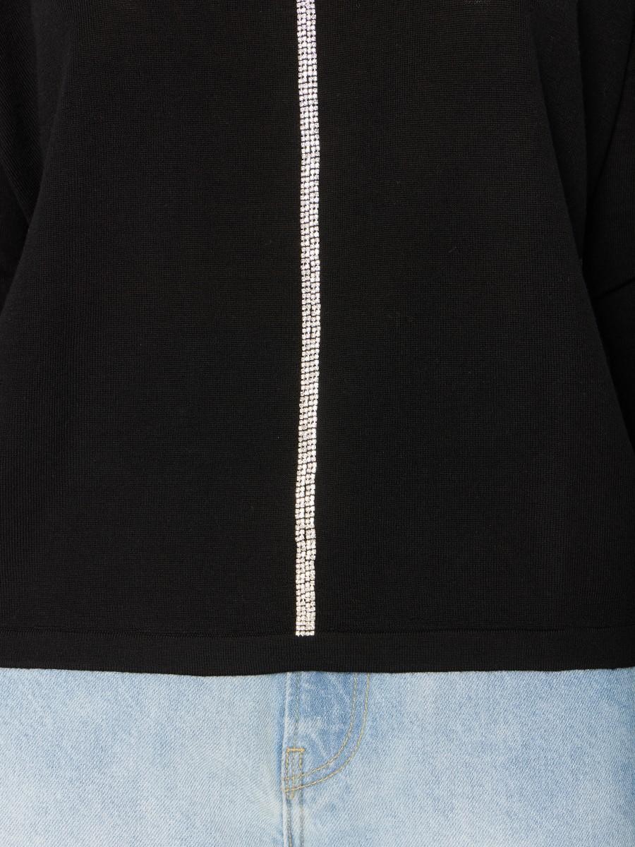 Berenice Pull Noir MAGNES – Col V Laine Mérinos Détail De Bande De Strass Argentés