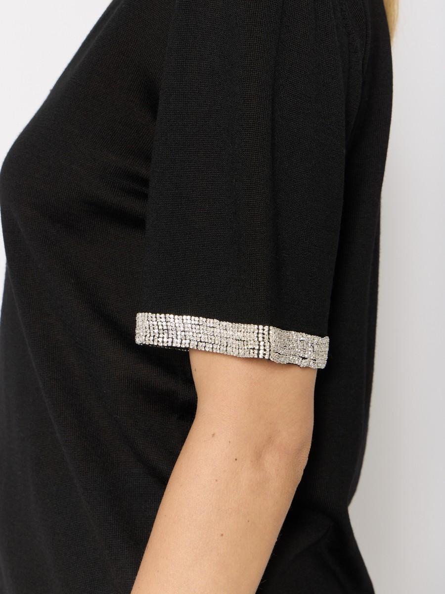 Berenice Pull Noir MARLENE – Col V Laine Mérinos Manches Courtes Strass Argenté Sur Les Manches