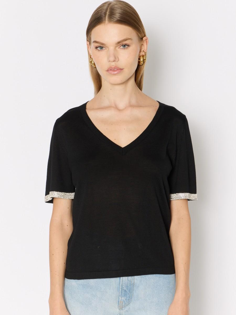 Berenice Pull Noir MARLENE – Col V Laine Mérinos Manches Courtes Strass Argenté Sur Les Manches