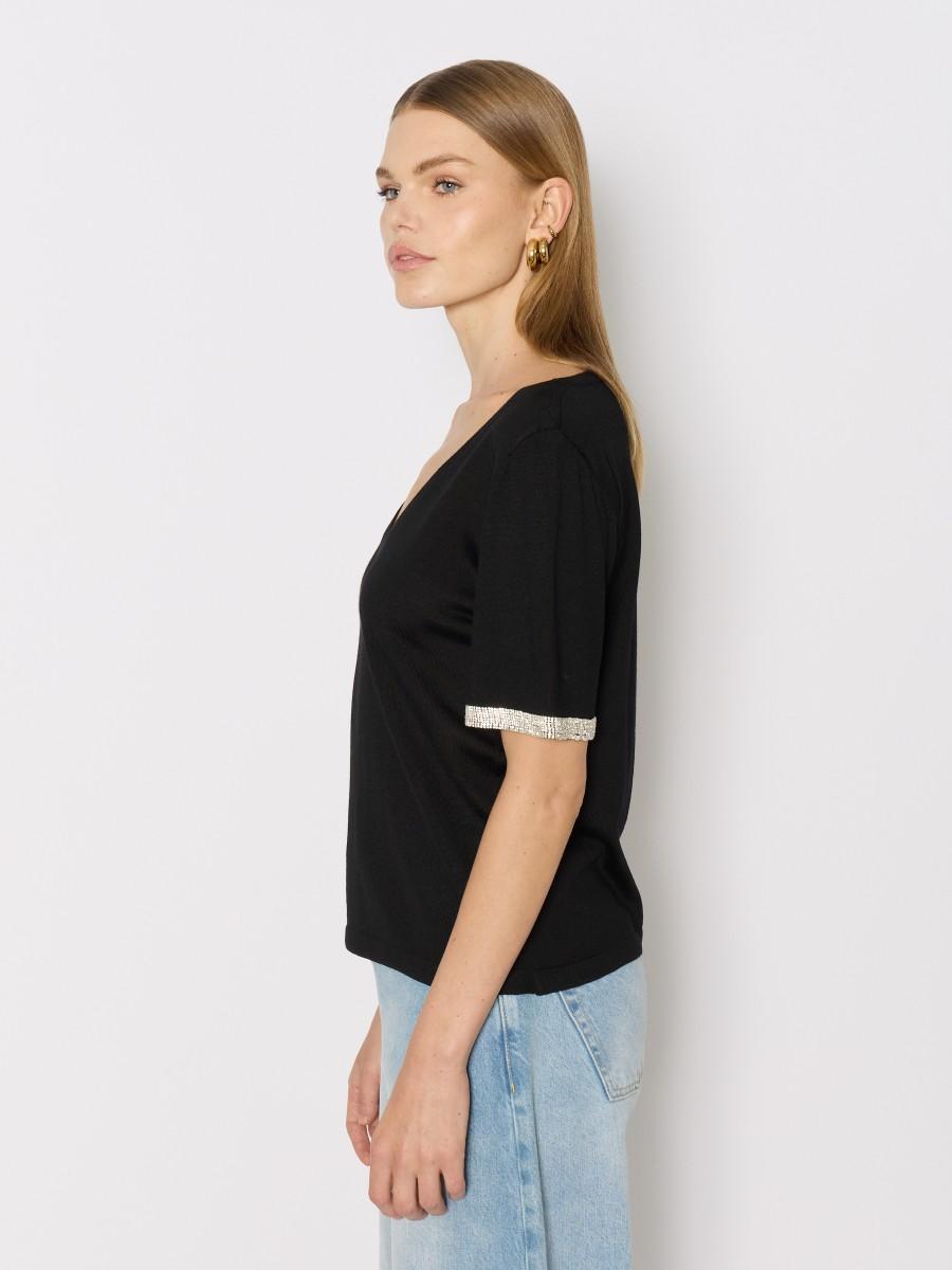 Berenice Pull Noir MARLENE – Col V Laine Mérinos Manches Courtes Strass Argenté Sur Les Manches