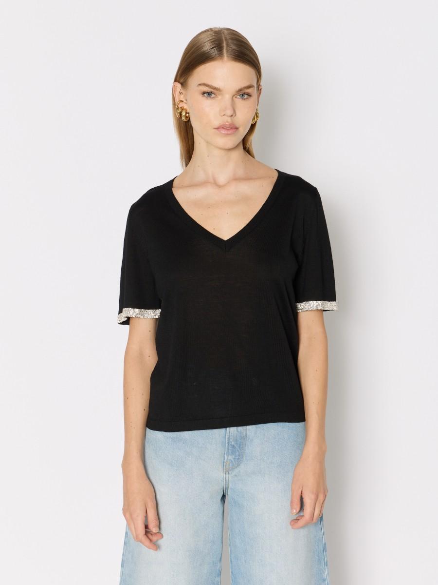 Berenice Pull noir MARLENE – Col V laine mérinos manches courtes strass argenté sur les manches