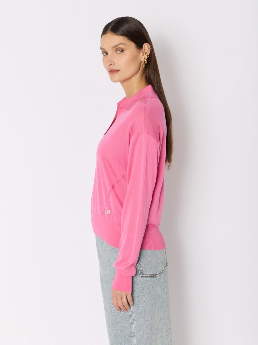 Berenice Pull Rose MAMYPOLO – Col Polo Manches Longues Coupe Décontractée