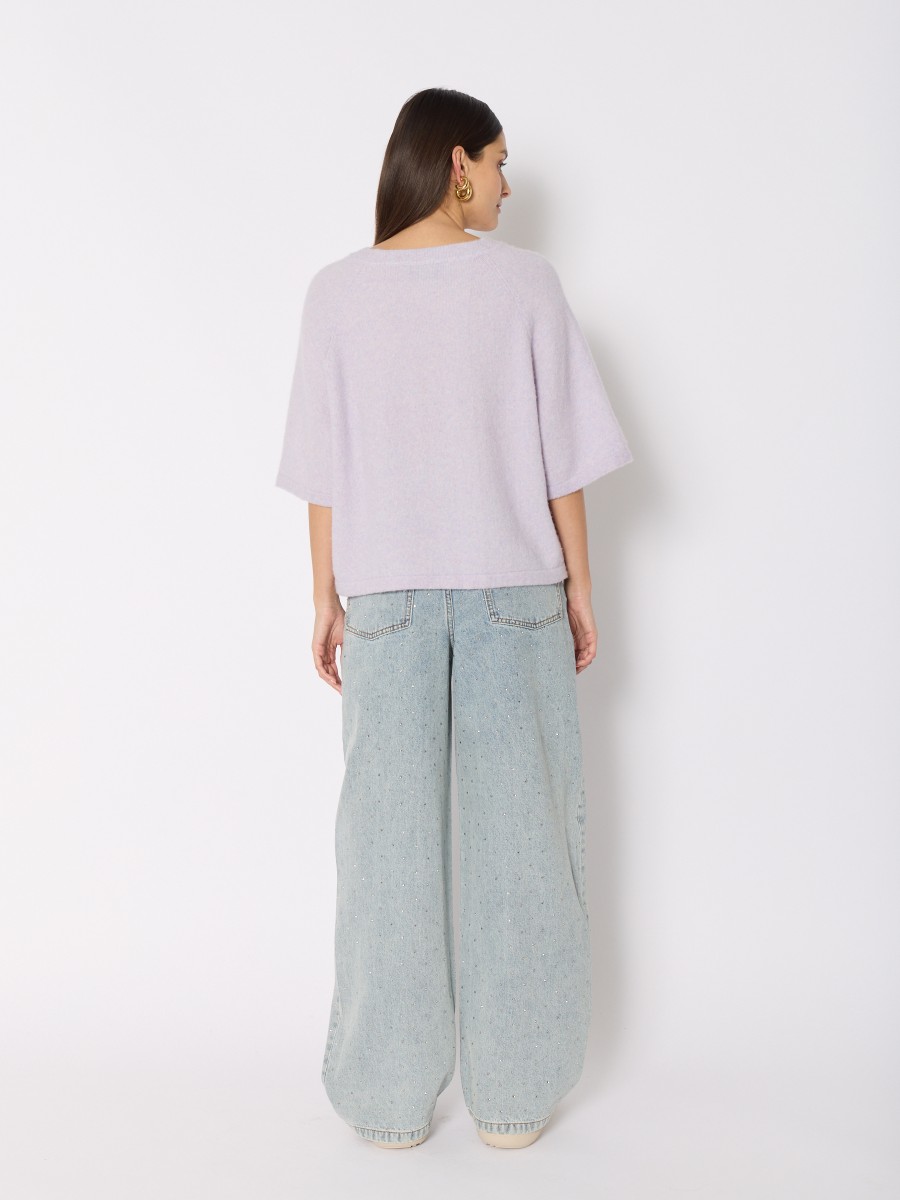 Berenice Pull Violet MANDREA – Col Rond Manches Courtes Maille Douce Ailes En Strass