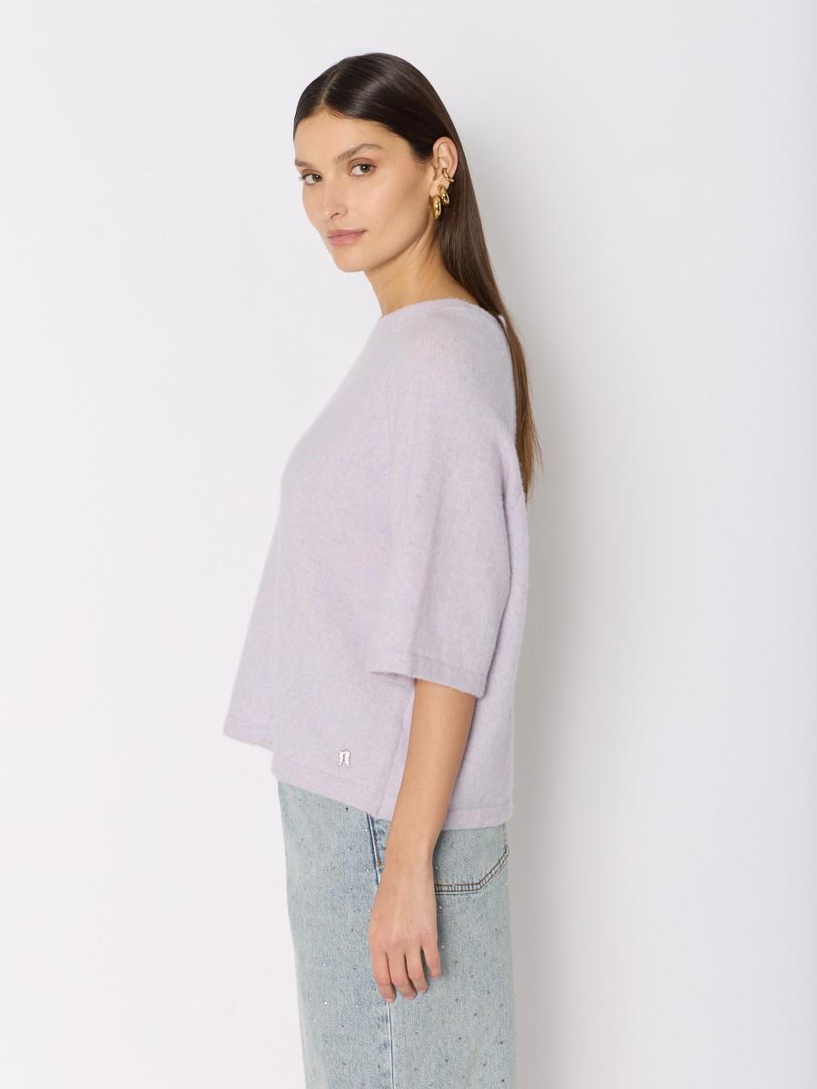 Berenice Pull Violet MANDREA – Col Rond Manches Courtes Maille Douce Ailes En Strass